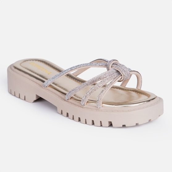 Segunda imagem do produto Sandália Feminina Tratorada Papete Nó Strass Brilhante Luxo Dourado