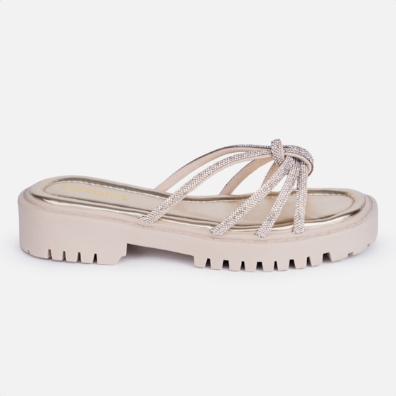 Sandália Feminina Tratorada Papete Nó Strass Brilhante Luxo Dourado