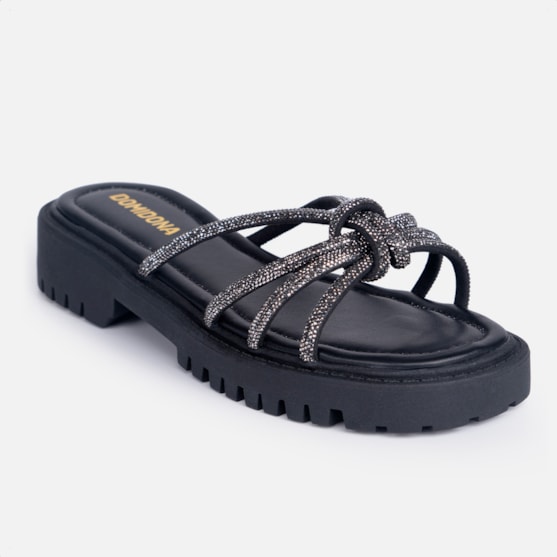 Segunda imagem do produto Sandália Feminina Tratorada Papete Nó Strass Brilhante Luxo Preto