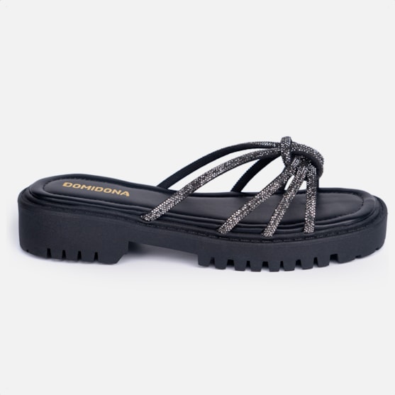 Sandália Feminina Tratorada Papete Nó Strass Brilhante Luxo Preto