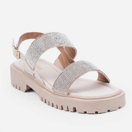 Segunda imagem do produto Sandália Feminina Tratorada Tira Grossa Strass Brilho Luxo Off White