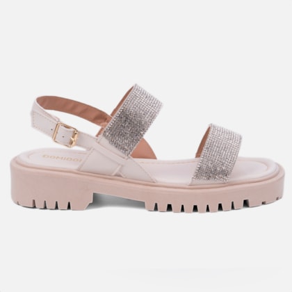 Sandália Feminina Tratorada Tira Grossa Strass Brilho Luxo Off White