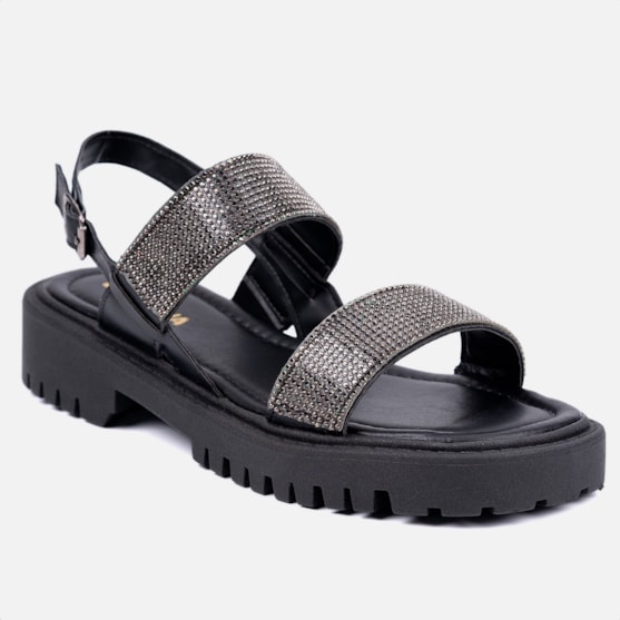 Segunda imagem do produto Sandália Feminina Tratorada Tira Grossa Strass Brilho Luxo Preto