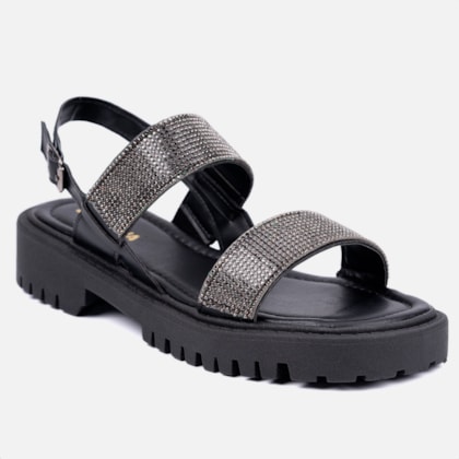 Segunda imagem do produto Sandália Feminina Tratorada Tira Grossa Strass Brilho Luxo Preto