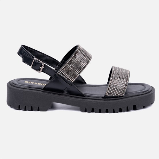 Sandália Feminina Tratorada Tira Grossa Strass Brilho Luxo Preto