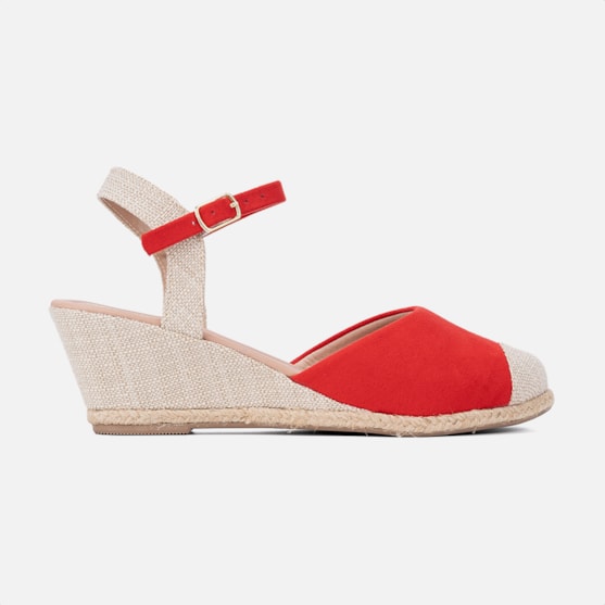 Sandália Feminina Vermelha Anabela Fechada Estilo Palha