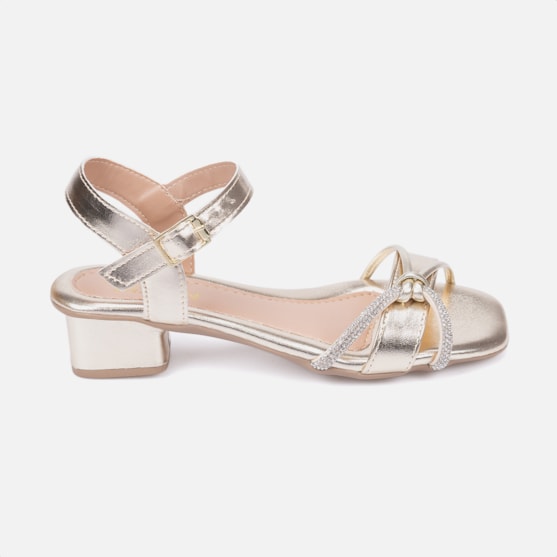 Sandália Infantil Dourada Salto Baixo Tira Laço de Strass