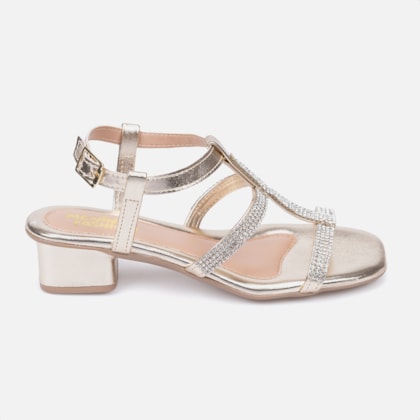 Sandália Infantil Dourada Tiras De Strass Salto Confortável