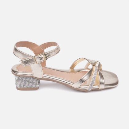 Sandália Infantil Dourado Salto Bloco De Strass Tira Laço