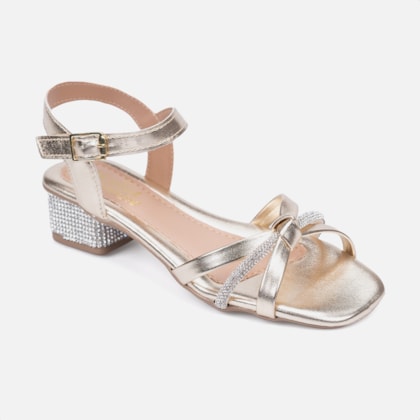 Segunda imagem do produto Sandália Infantil Dourado Salto Bloco De Strass Tira Laço