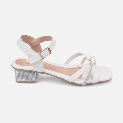 Sandália Infantil Off White Salto Bloco De Strass Tira Laço