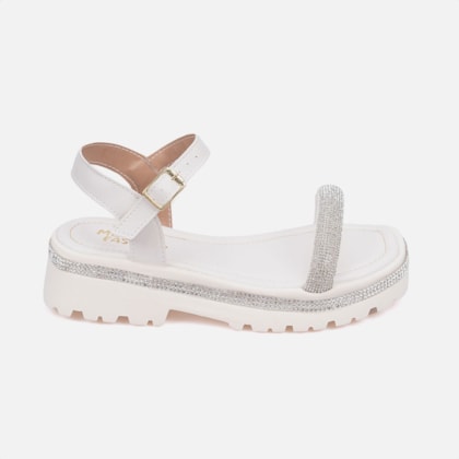 Sandália Infantil Off White Salto Tratorado Tira De Strass
