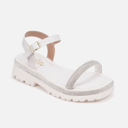 Segunda imagem do produto Sandália Infantil Off White Salto Tratorado Tira De Strass