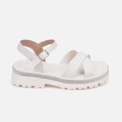 Sandália Infantil Off White Salto Tratorado Tiras Cruzadas