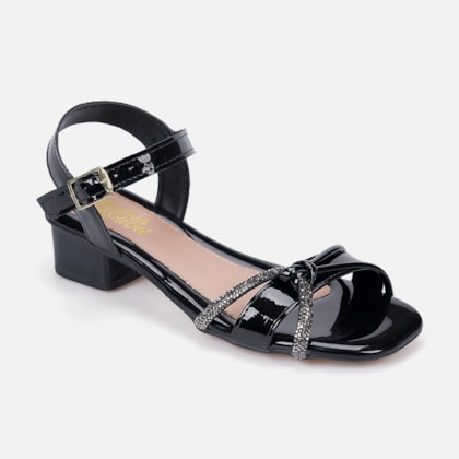 Segunda imagem do produto Sandália Infantil Preta Salto Baixo Tira Laço de Strass