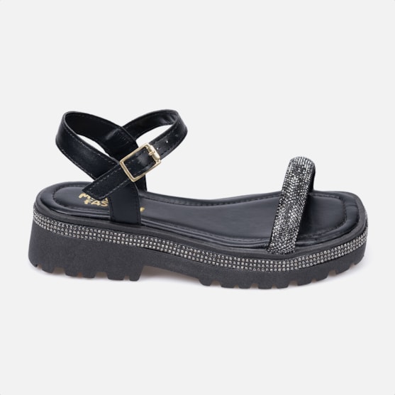 Sandália Infantil Preta Salto Tratorado Tira De Strass