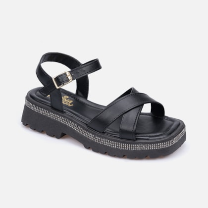 Segunda imagem do produto Sandália Infantil Preta Salto Tratorado Tiras Cruzadas