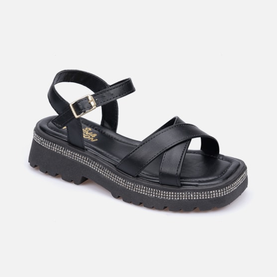 Segunda imagem do produto Sandália Infantil Preta Salto Tratorado Tiras Cruzadas