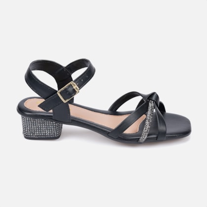 Sandália Infantil Preto Salto Bloco De Strass Tira Laço