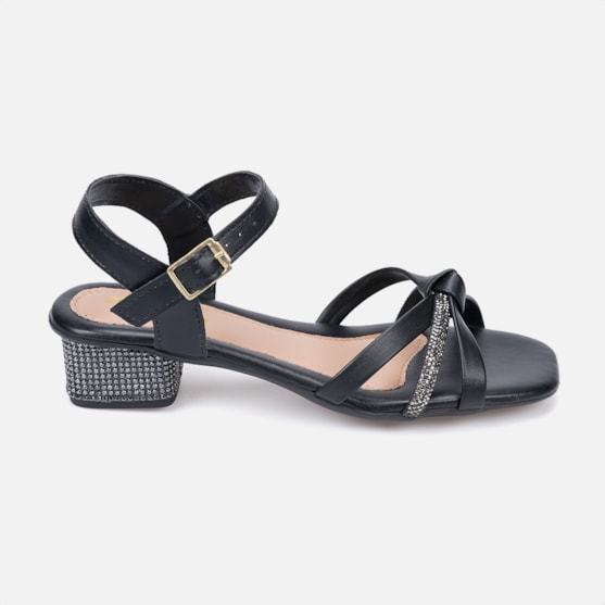 Sandália Infantil Preto Salto Bloco De Strass Tira Laço