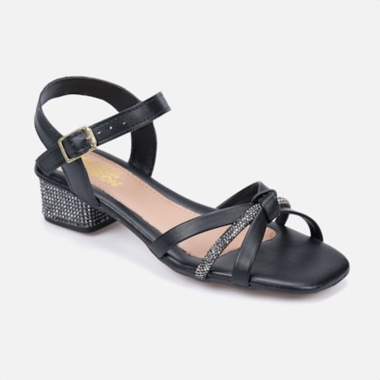 Segunda imagem do produto Sandália Infantil Preto Salto Bloco De Strass Tira Laço