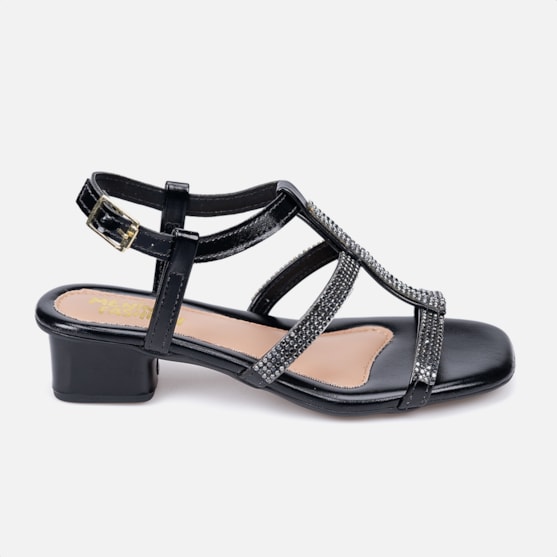 Sandália Infantil Preto Tiras De Strass Salto Confortável