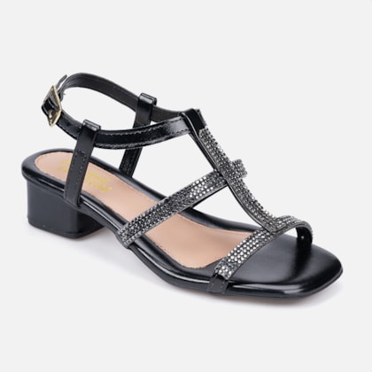 Segunda imagem do produto Sandália Infantil Preto Tiras De Strass Salto Confortável
