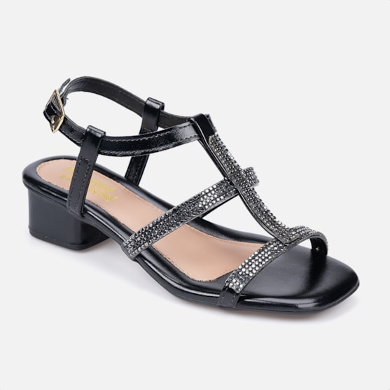Segunda imagem do produto Sandália Infantil Preto Tiras De Strass Salto Confortável