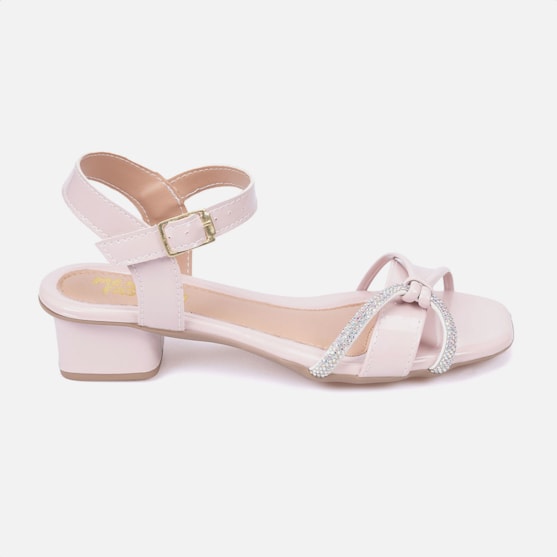 Sandália Infantil Rosa Salto Baixo Tira Laço de Strass