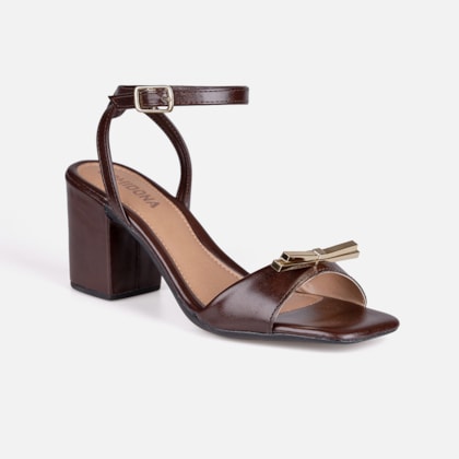 Segunda imagem do produto Sandália Marrom Salto Alto Bloco Bico Quadrado Com Laço ABS Metalizado