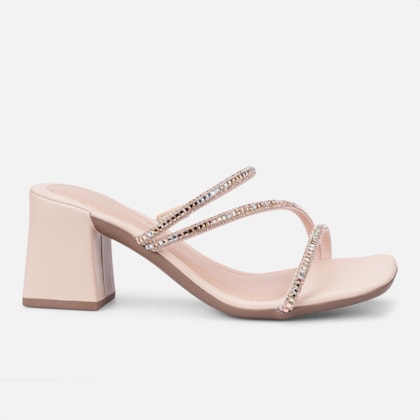 Sandália Nude Salto Grosso Tiras Triplas De Strass