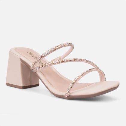 Segunda imagem do produto Sandália Nude Salto Grosso Tiras Triplas De Strass