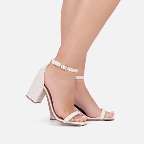 Sandália Off White Feminina Animal Print Salto Bloco Tira Única Com Fivela