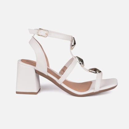Sandália Off White Salto Alto Grosso Tiras Finas Com ABS Metalizado
