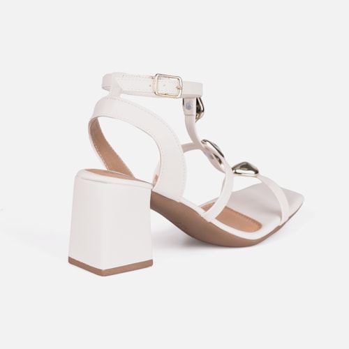 Sandália Off White Salto Alto Grosso Tiras Finas Com ABS Metalizado