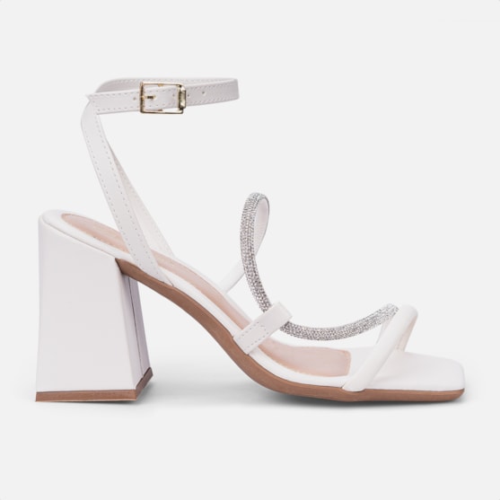 Sandália Off White Salto Grosso Bloco Tiras Duplas De Strass