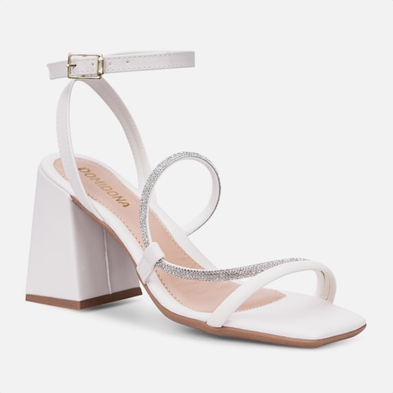 Segunda imagem do produto Sandália Off White Salto Grosso Bloco Tiras Duplas De Strass