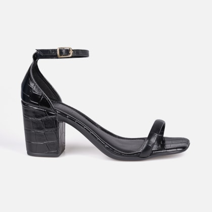 Sandália Preta Feminina Animal Print Salto Bloco Tira Única Com Fivela