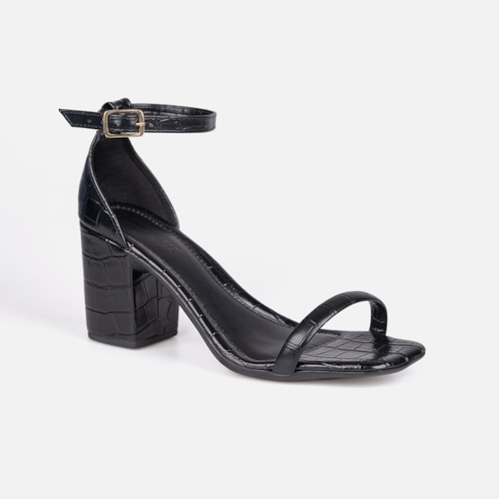 Segunda imagem do produto Sandália Preta Feminina Animal Print Salto Bloco Tira Única Com Fivela