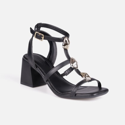 Segunda imagem do produto Sandália Preta Salto Alto Grosso Tiras Finas Com ABS Metalizado