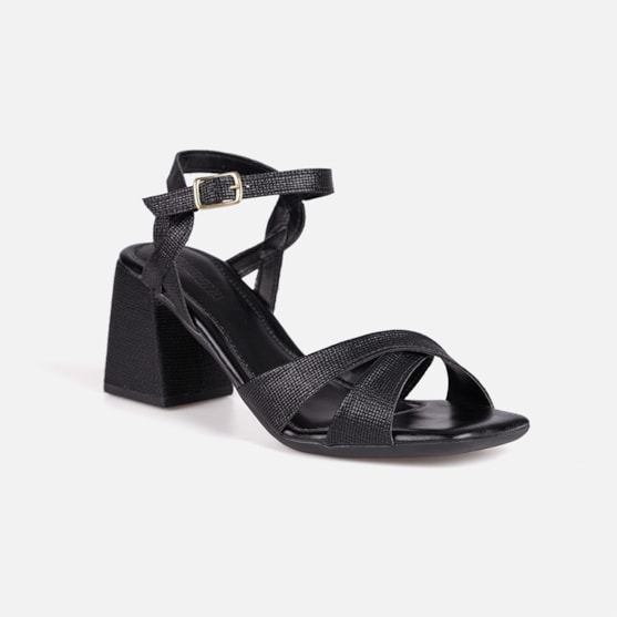 Segunda imagem do produto Sandália Preta Salto Bloco Tiras Cruzadas Com Fivela Bico Quadrado