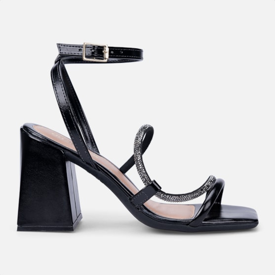 Sandália Preta Salto Grosso Bloco Tiras Duplas De Strass