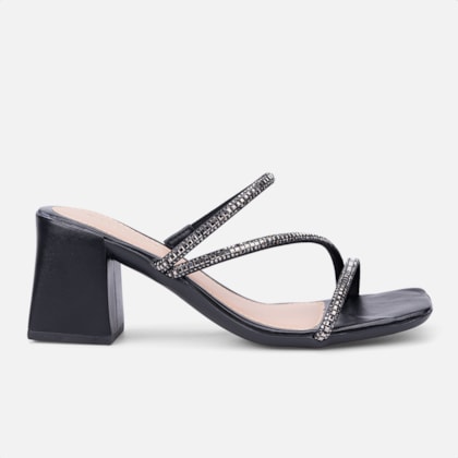 Sandália Preta Salto Grosso Tiras Triplas De Strass