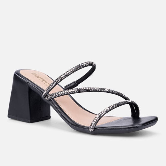 Segunda imagem do produto Sandália Preta Salto Grosso Tiras Triplas De Strass