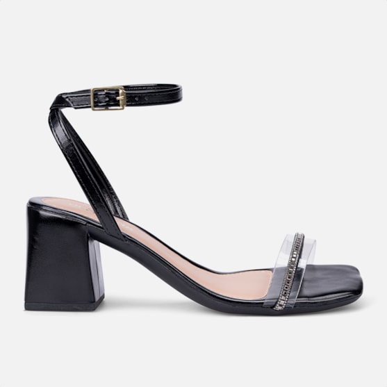 Sandália Preta Tira Transparente De Strass Salto Bloco