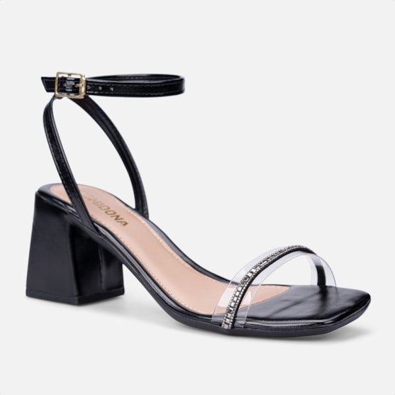 Segunda imagem do produto Sandália Preta Tira Transparente De Strass Salto Bloco