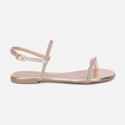 Sandália Rasteira Feminina Bronze Tiras Cruzadas De Strass