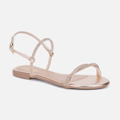 Segunda imagem do produto Sandália Rasteira Feminina Bronze Tiras Cruzadas De Strass