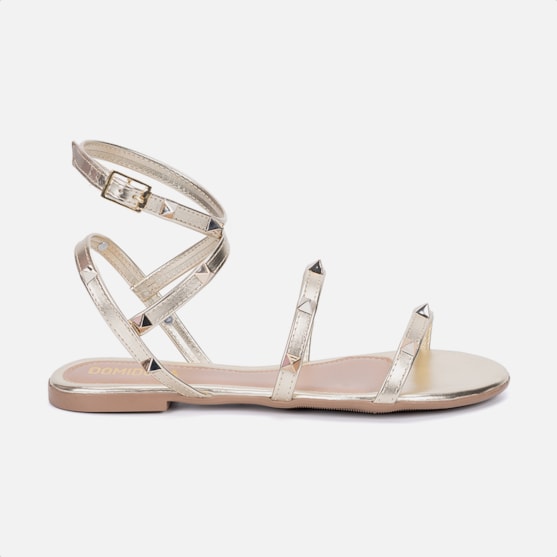 Sandália Rasteira Feminina Dourada Tiras Com Spikes E Fivela