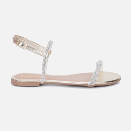 Sandália Rasteira Feminina Dourada Tiras Cruzadas De Strass